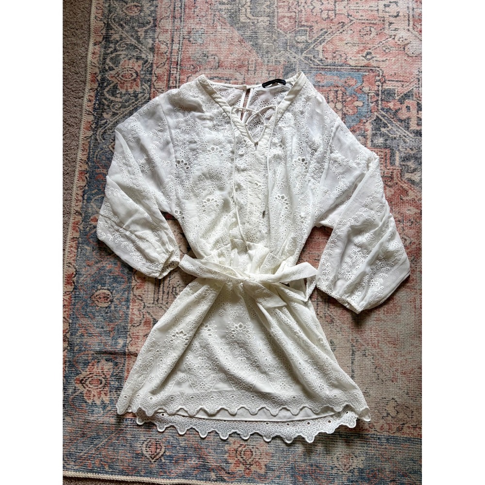 White House Black Market XL Eyelet Lace Mini Dress White Long Sleeve Belted Boho